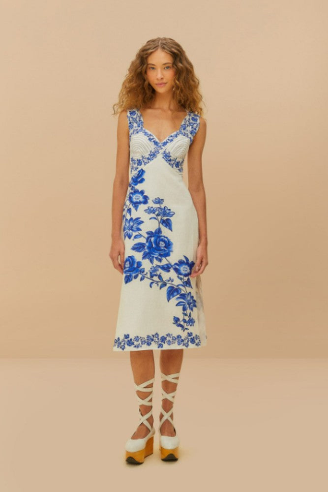 Farm Rio Blue Floral Cascade Off White Wavy Sleeveless Midi