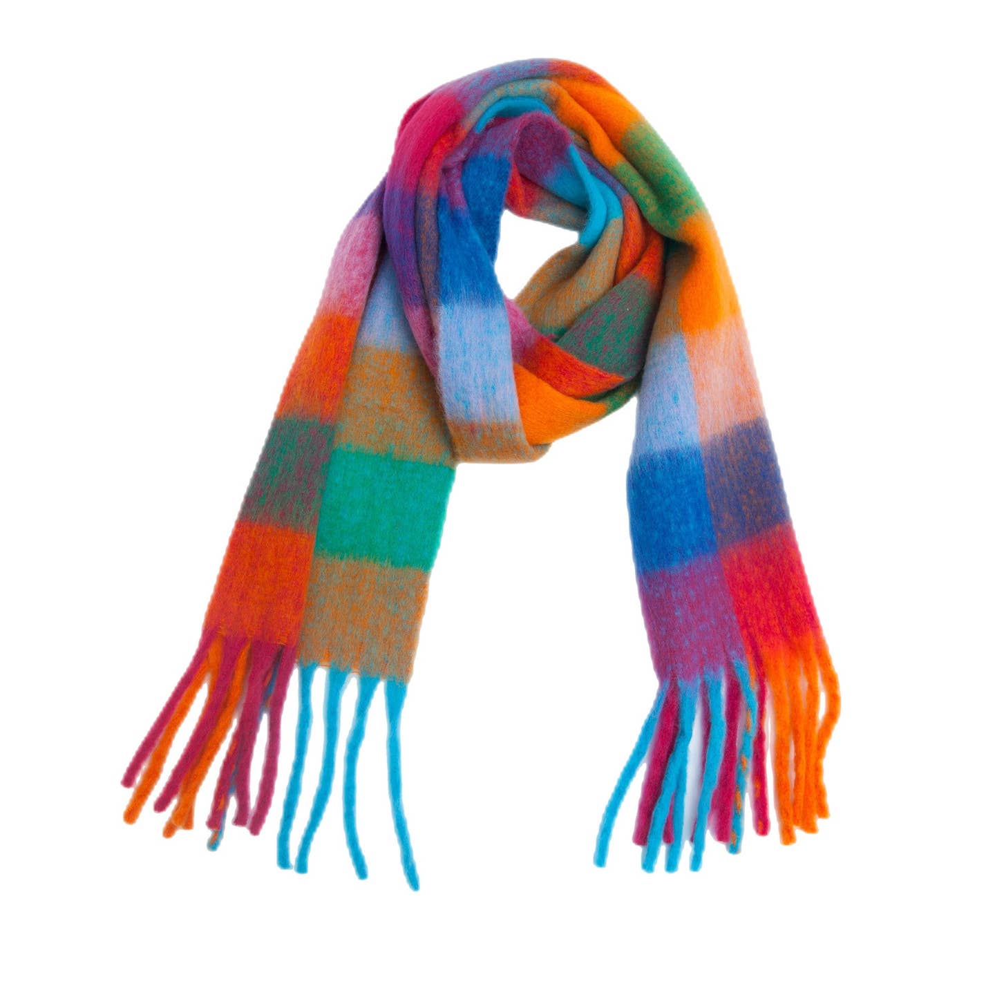 Dipped Shop Colorful Plaid Tassel Scarf in C29 Orange Green Blue Multi