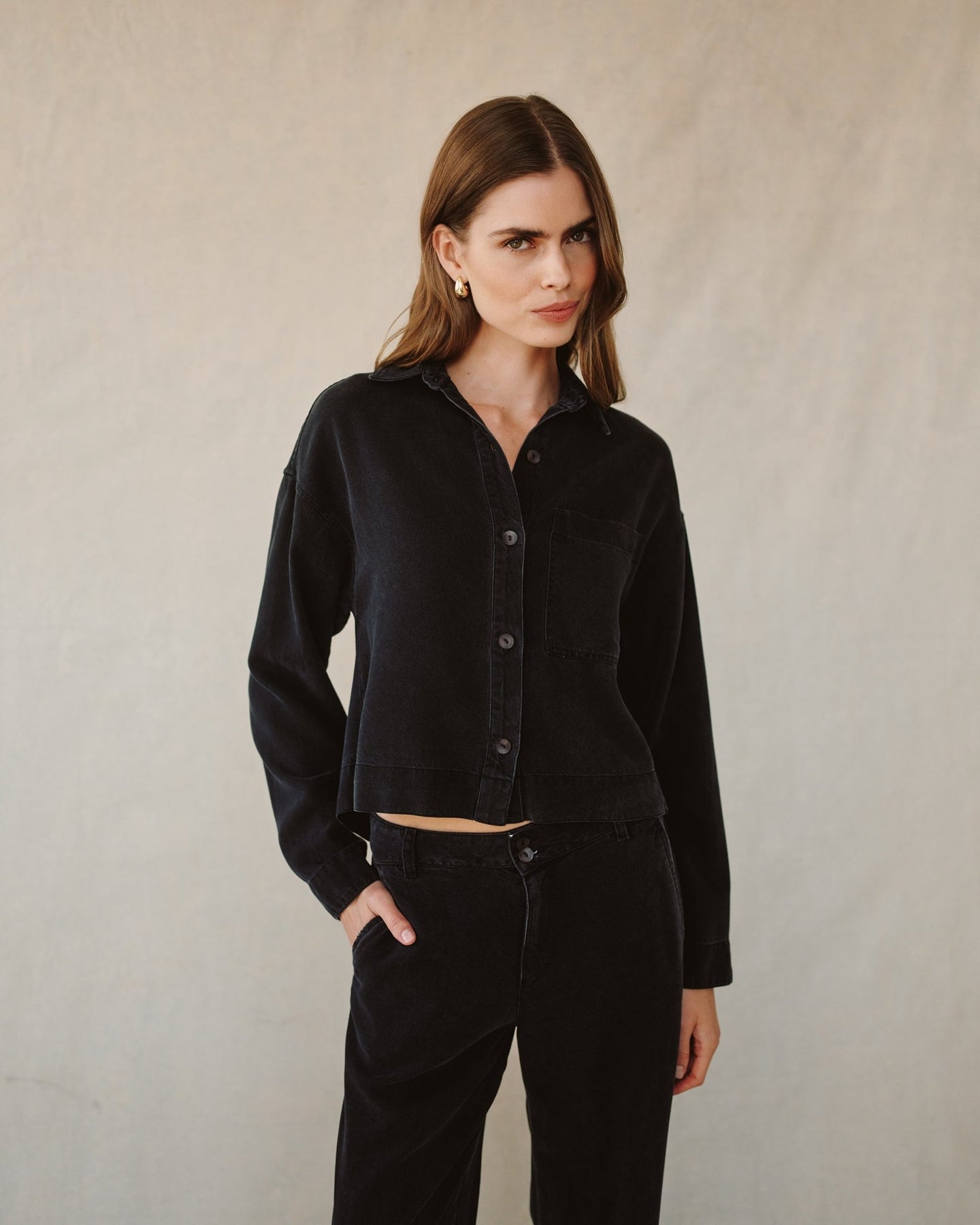 Bella Dahl Crop Pocket Button Down in Black