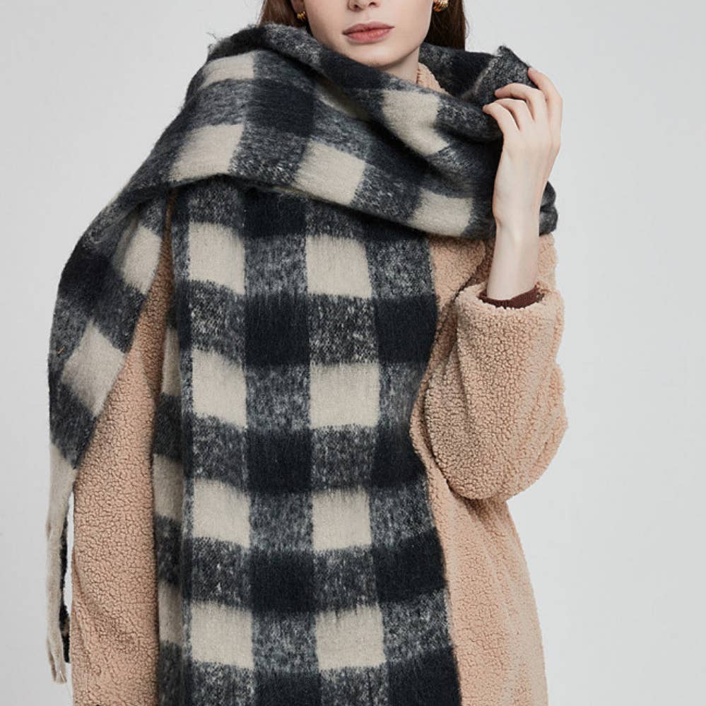 Dipped Shop Plaid Contrast Color Tassel Scarf