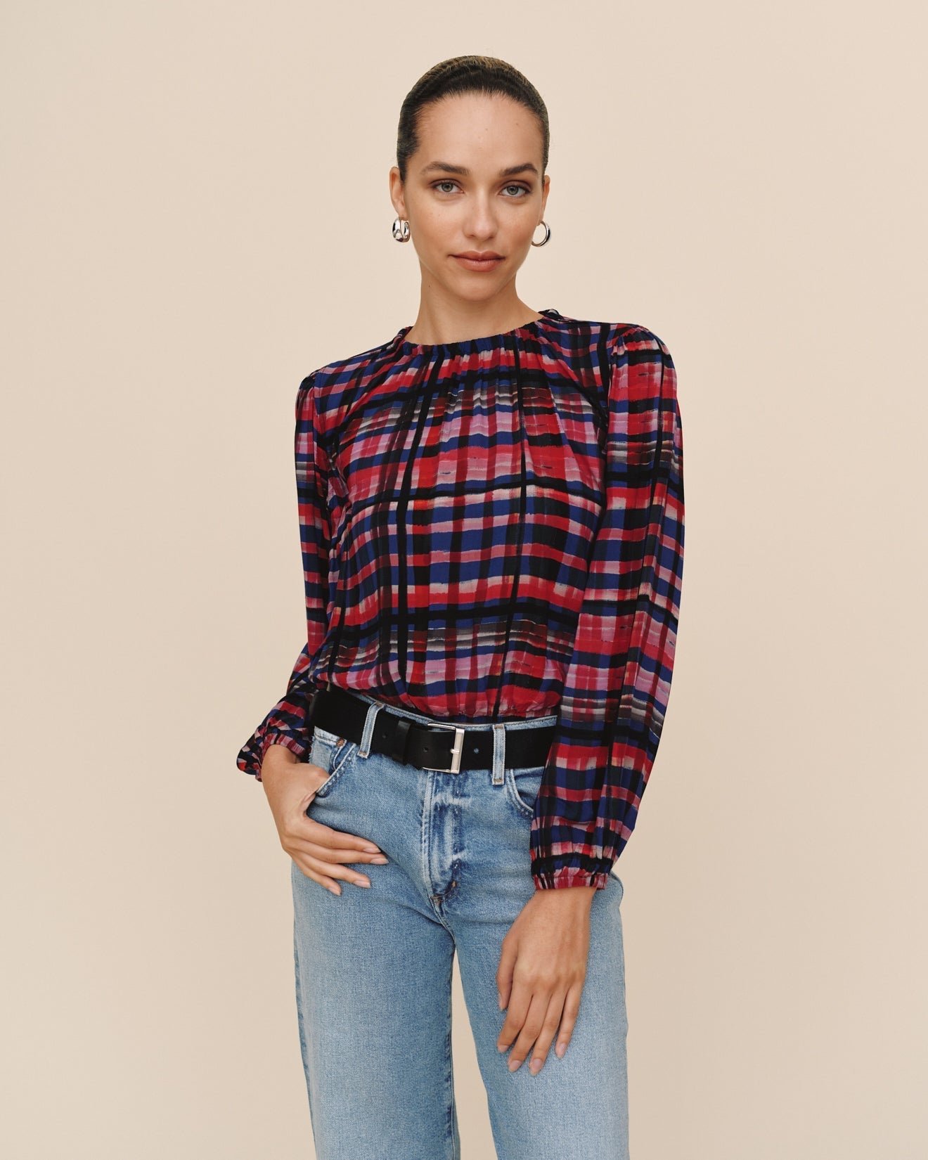 Bella Dahl Elastic Shirred Top in Winter Plaid Print