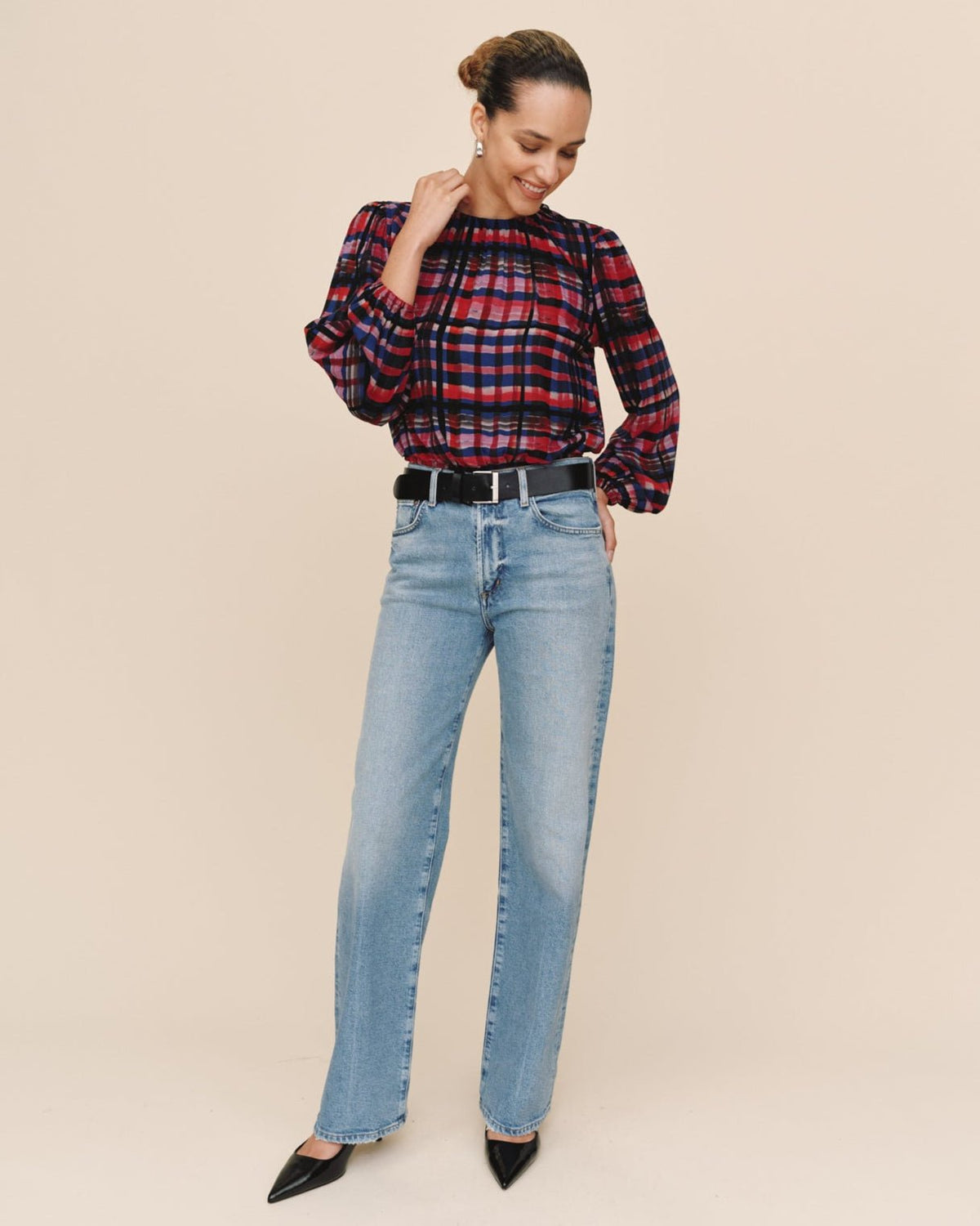Bella Dahl Elastic Shirred Top in Winter Plaid Print