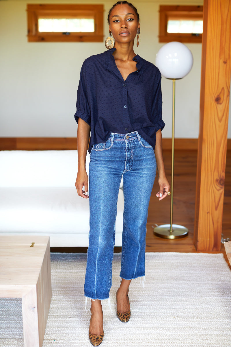 EMERSON FRY Mandarin Collar Top in Maritime Swiss Dot Organic