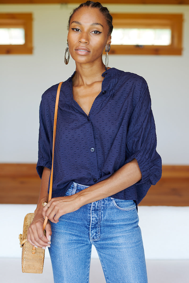 EMERSON FRY Mandarin Collar Top in Maritime Swiss Dot Organic