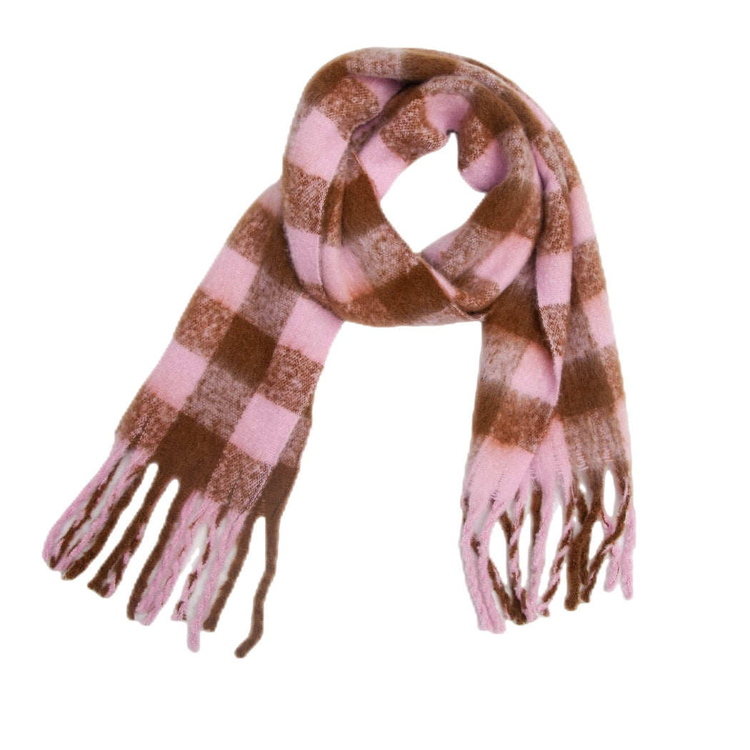 Dipped Shop Plaid Contrast Color Tassel Scarf Pink