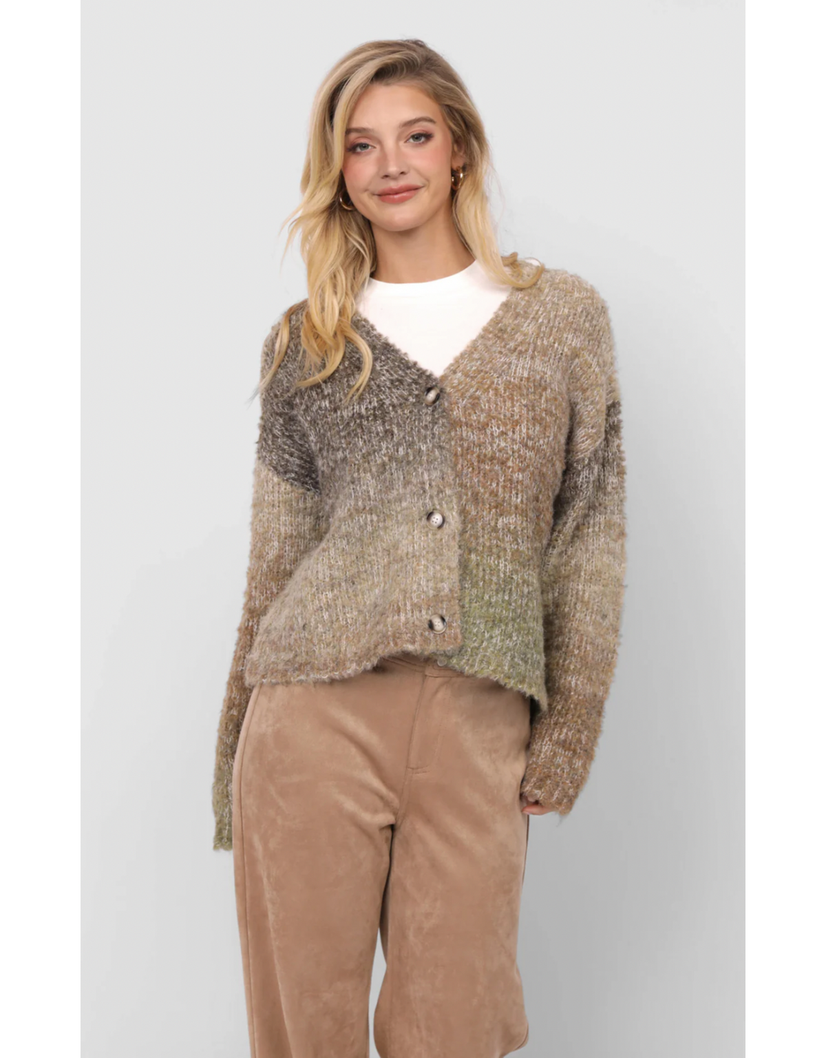 Sadie &amp; Sage Smiley Ombre Fuzzy Knit Cardigan Olive Brown