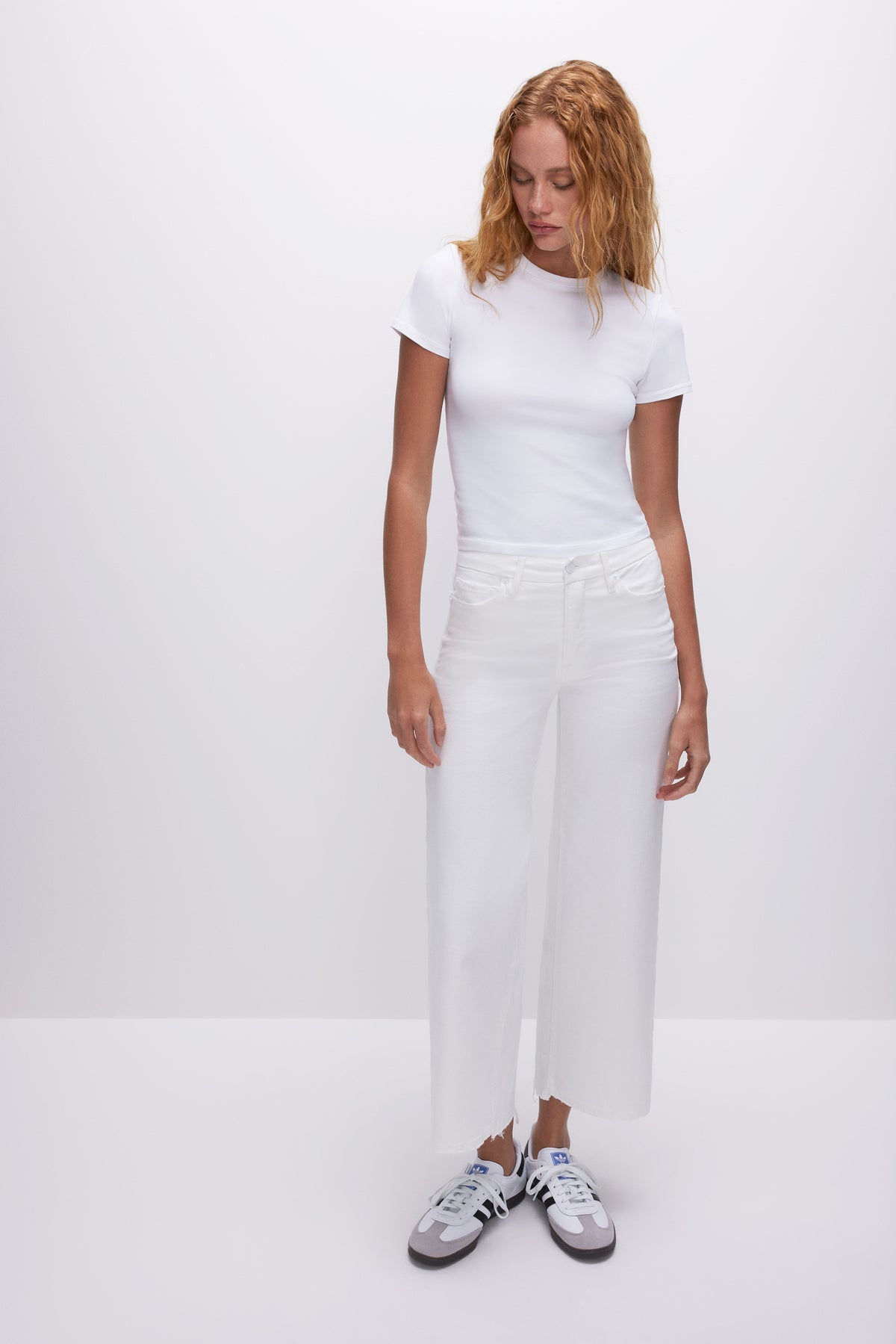 Good American Good Waist Cropped Palazzo Jeans in White