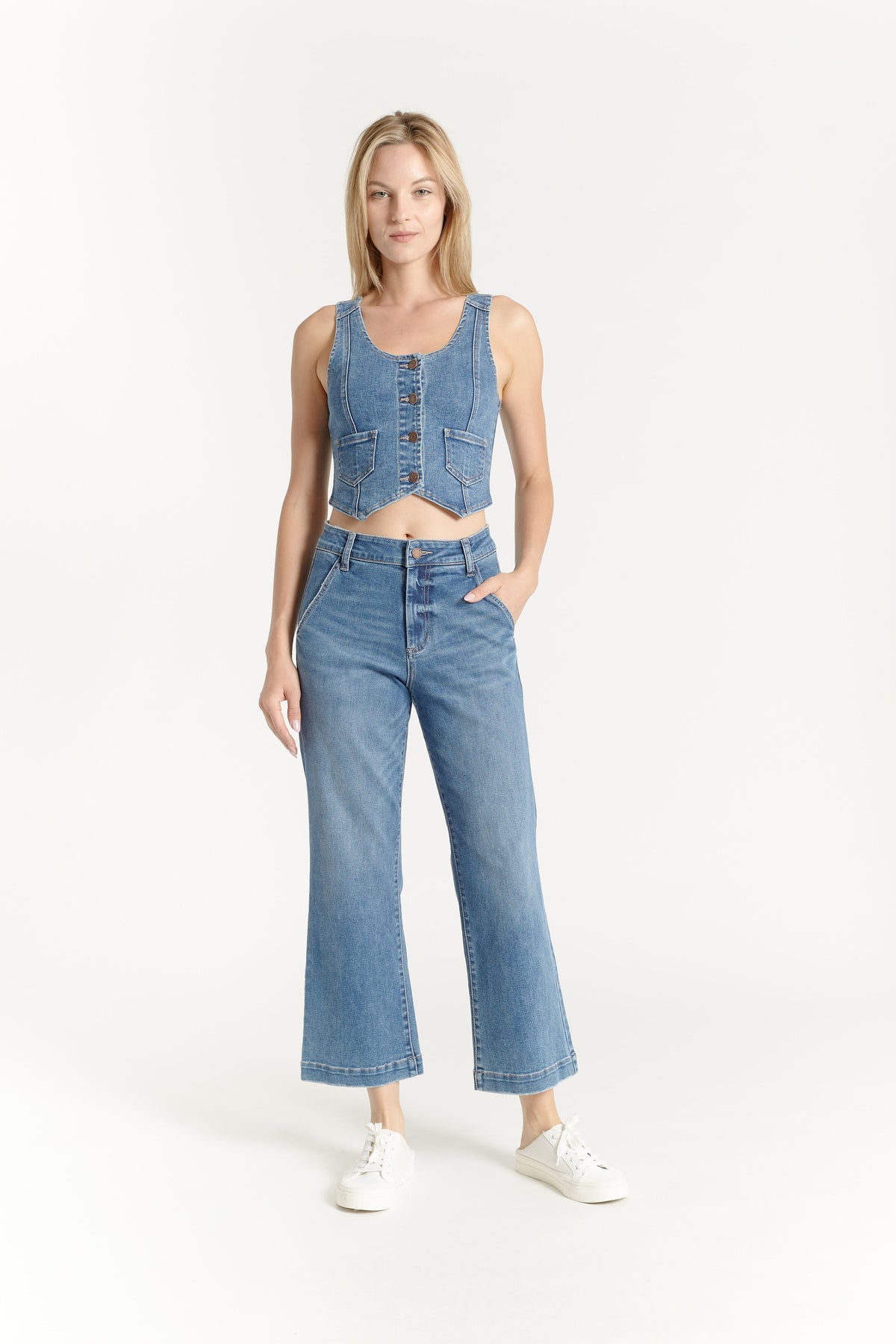 OAT Button Front Denim Vest Finn Medium Wash