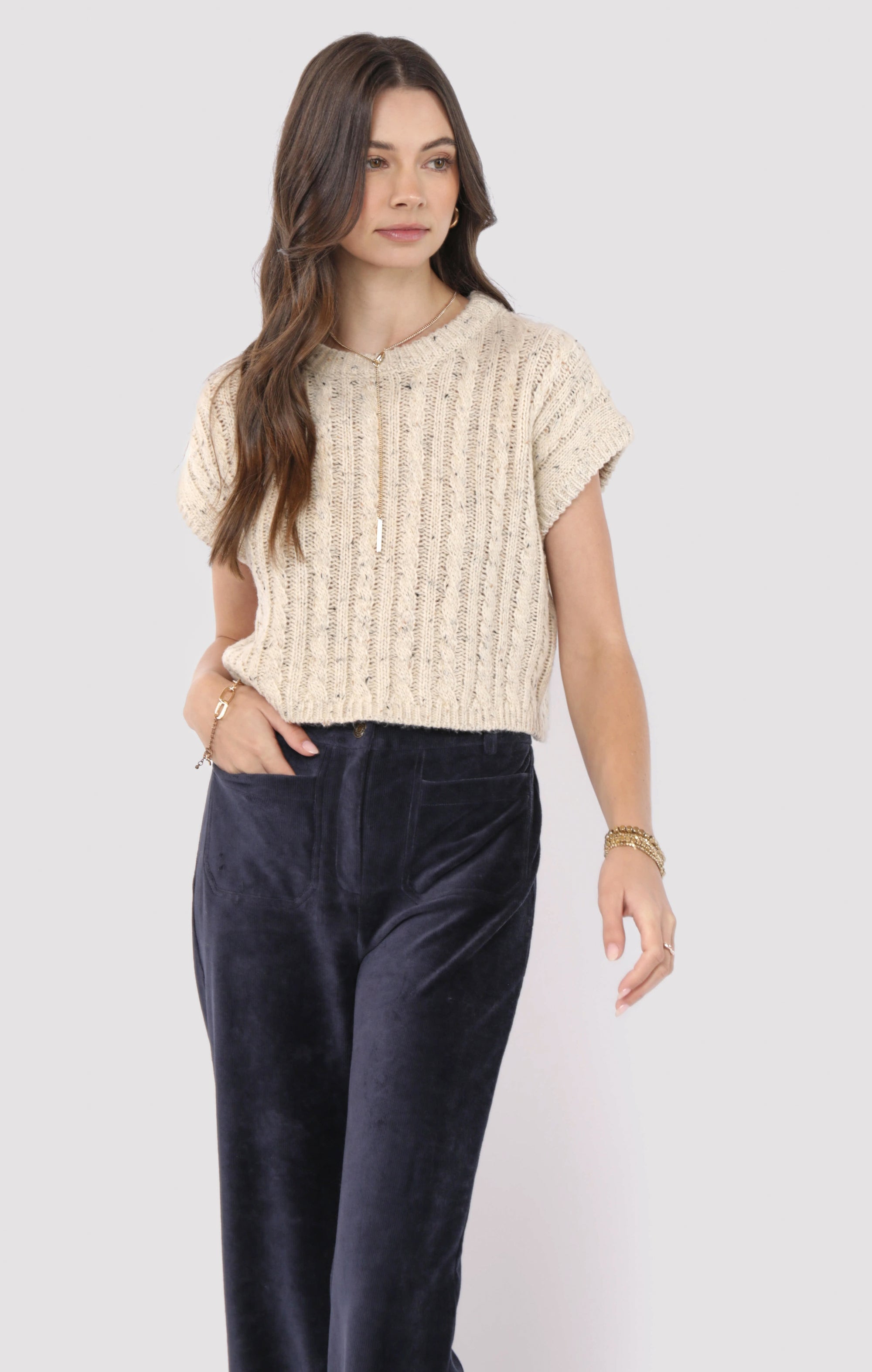 Sadie & Sage Effortless Cable Knit Sweater Tank Oatmeal Melange