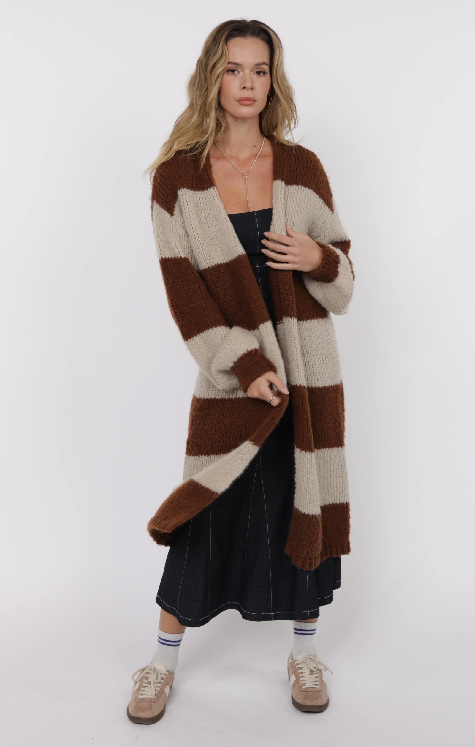 SAGE THE LABEL Suki Bubble Sleeve Wide Stripe Duster Cardigan Camel Brown