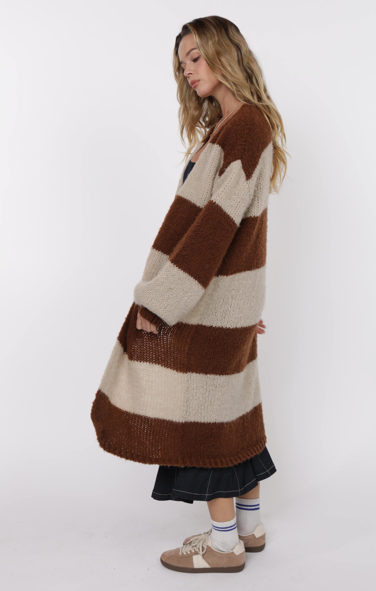 SAGE THE LABEL Suki Bubble Sleeve Wide Stripe Duster Cardigan Camel Brown