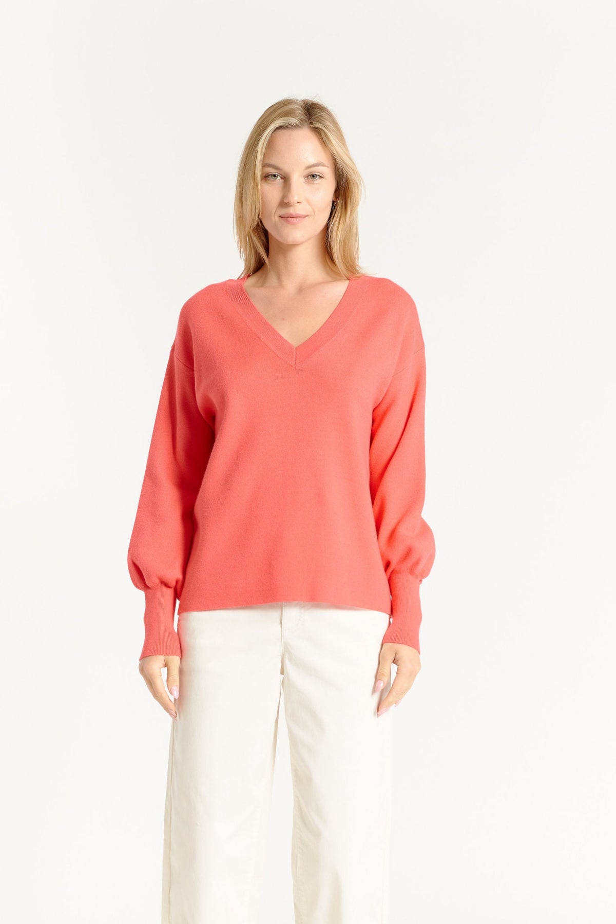 OAT V-Neck Balloon Sleeve Sweater Radiant Red
