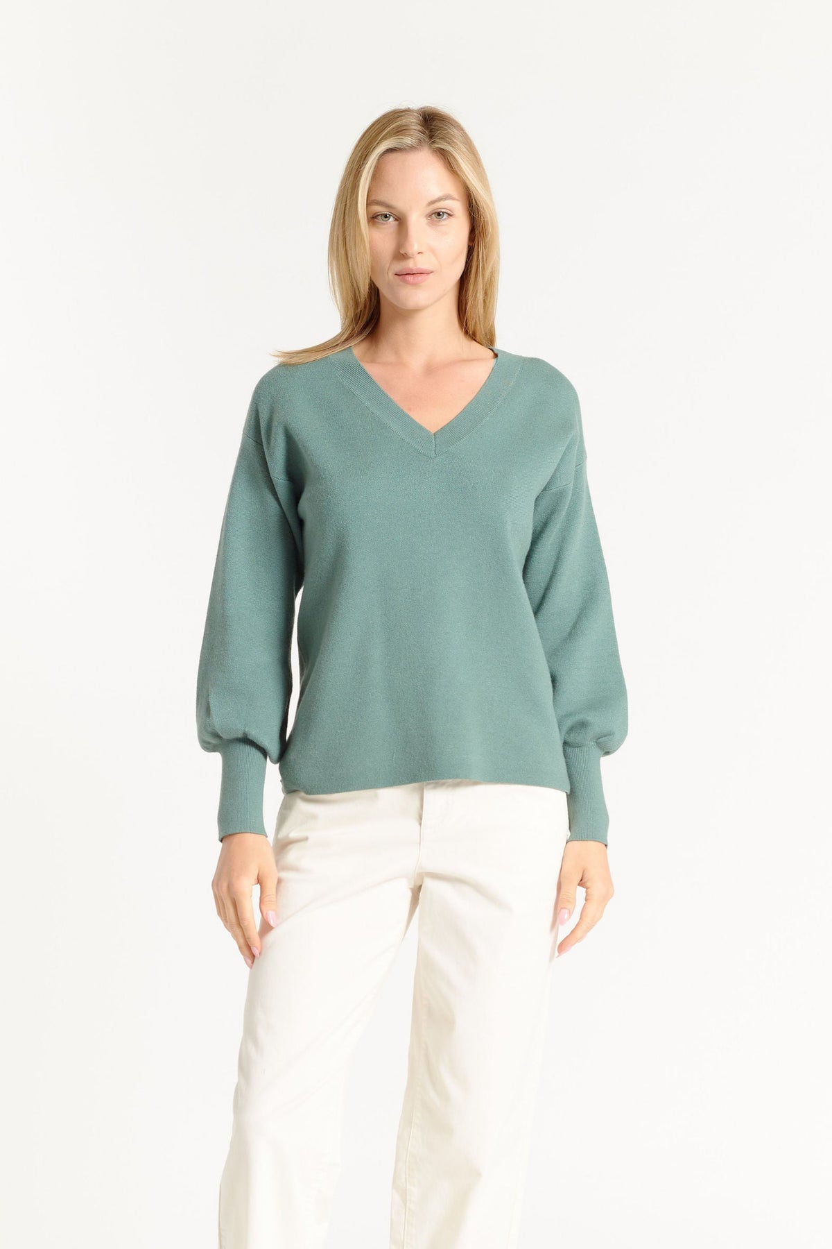 OAT V-Neck Balloon Sleeve Sweater Sage Leaf