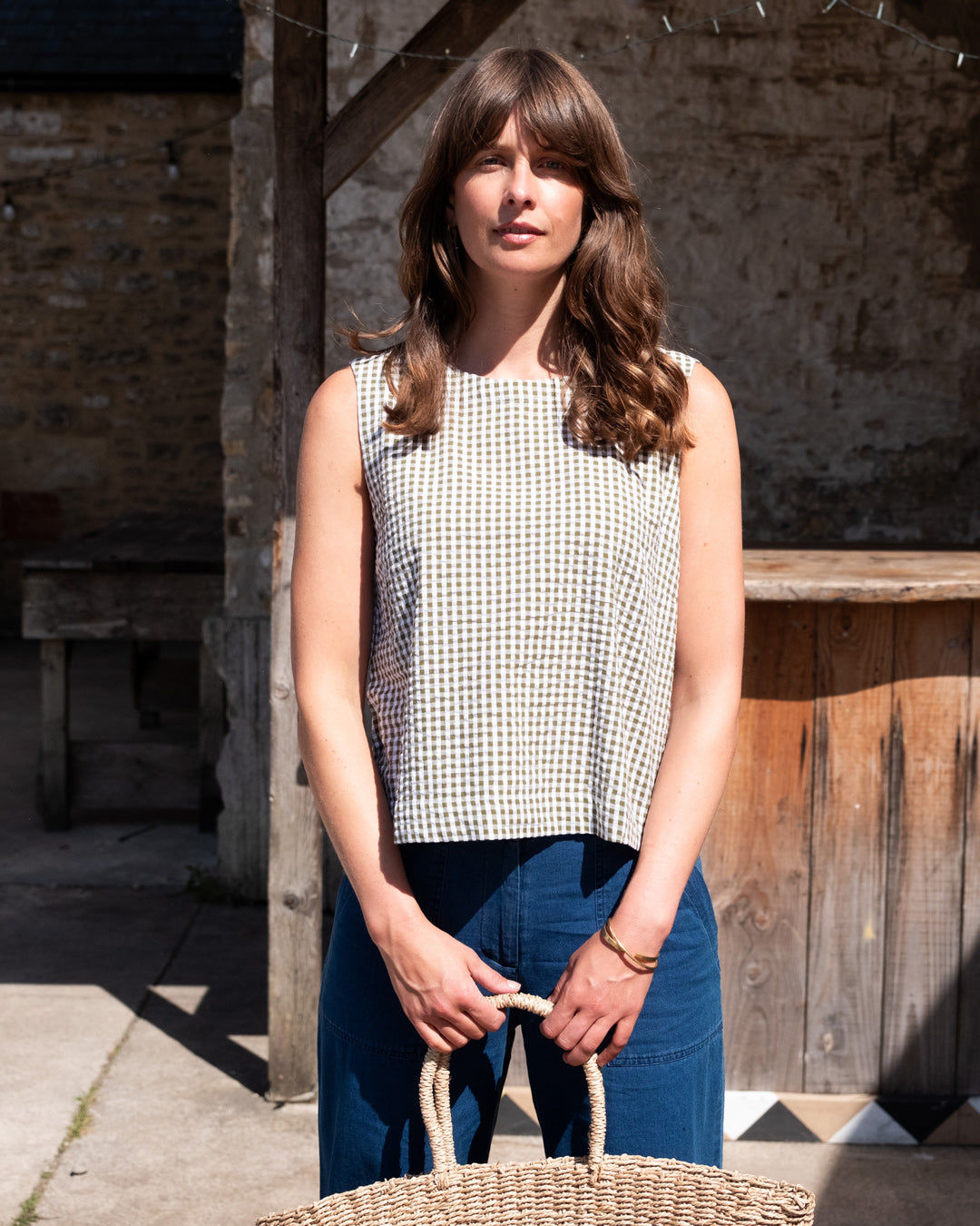 BIBICO Pippa Sleeveless Top in Olive Gingham